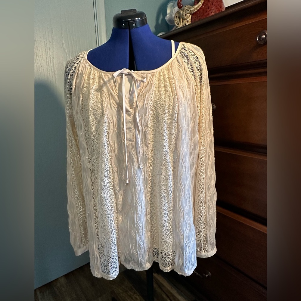 Fox & Ali long sleeve dress top, soft pink, lace, matching cami, tie at neck, L
